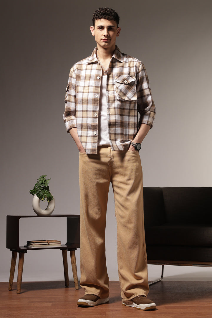 Plaid: Brown Checks Cargo Pocket Shirt