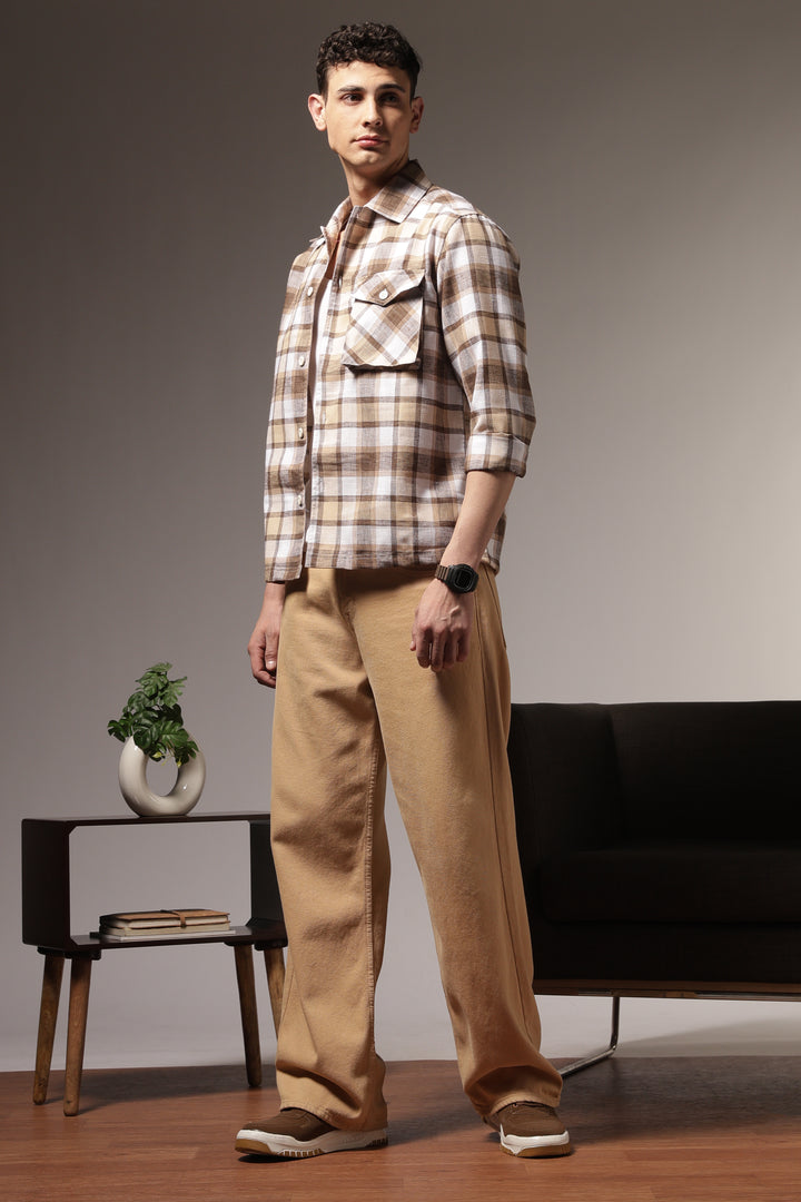 Plaid: Brown Checks Cargo Pocket Shirt