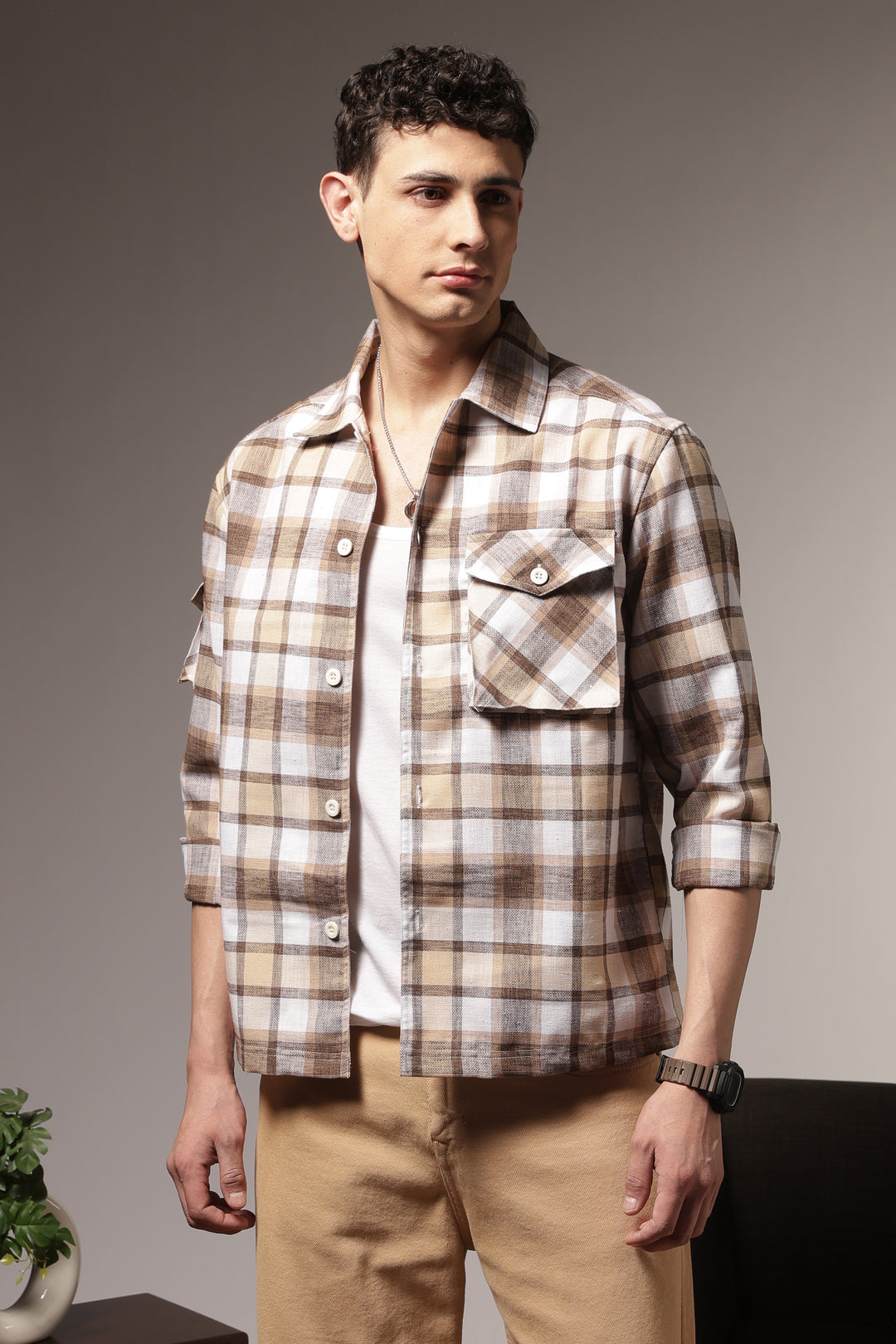 Plaid: Brown Checks Cargo Pocket Shirt