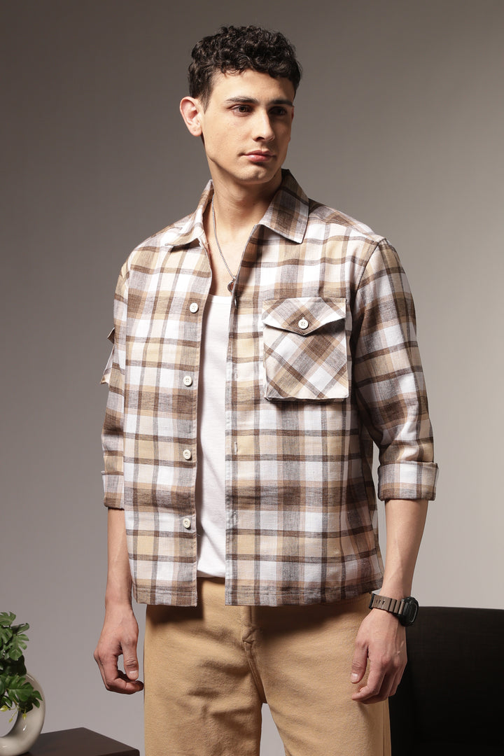 Plaid: Brown Checks Cargo Pocket Shirt