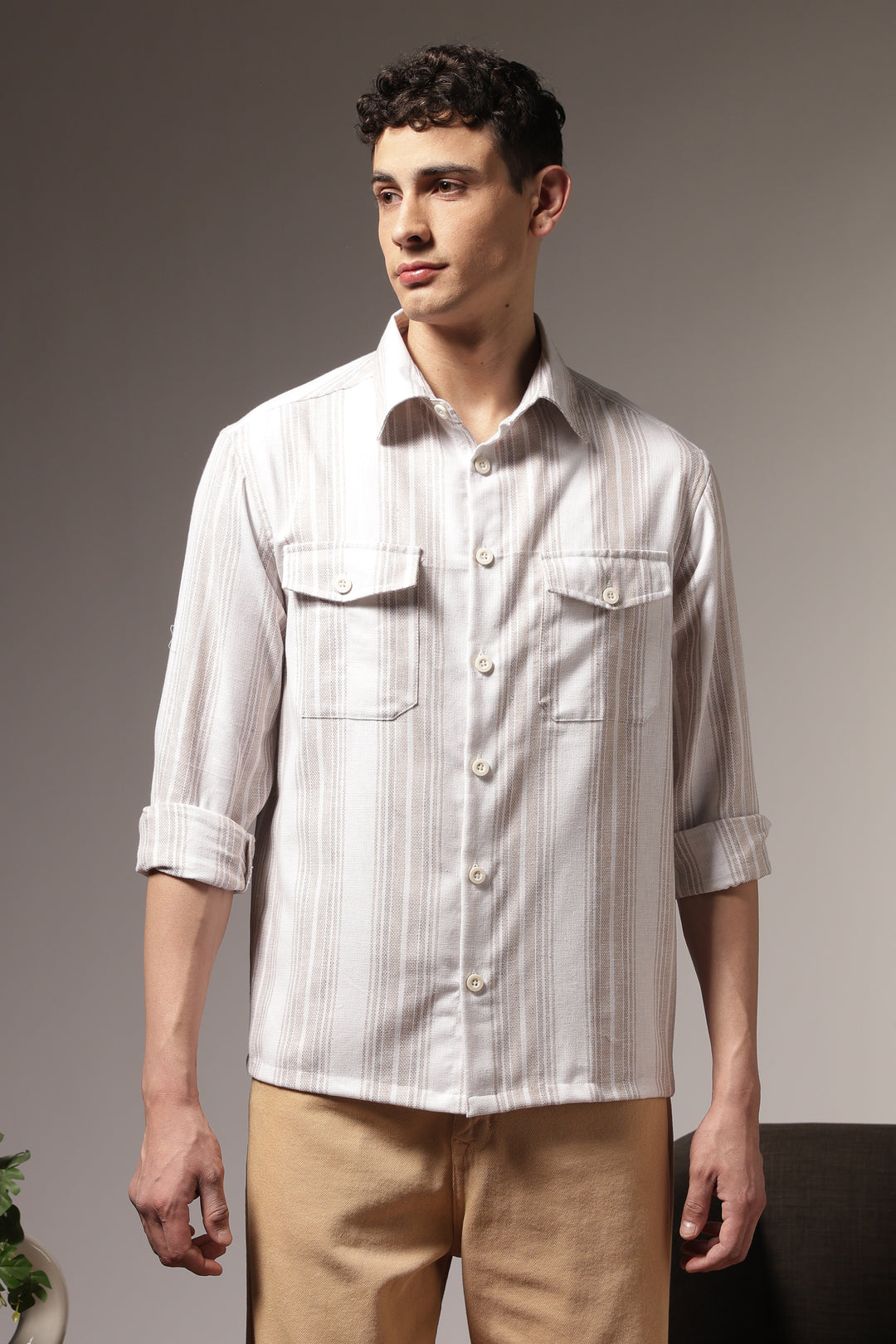 Pockets: Cream Green Streaks Shirt
