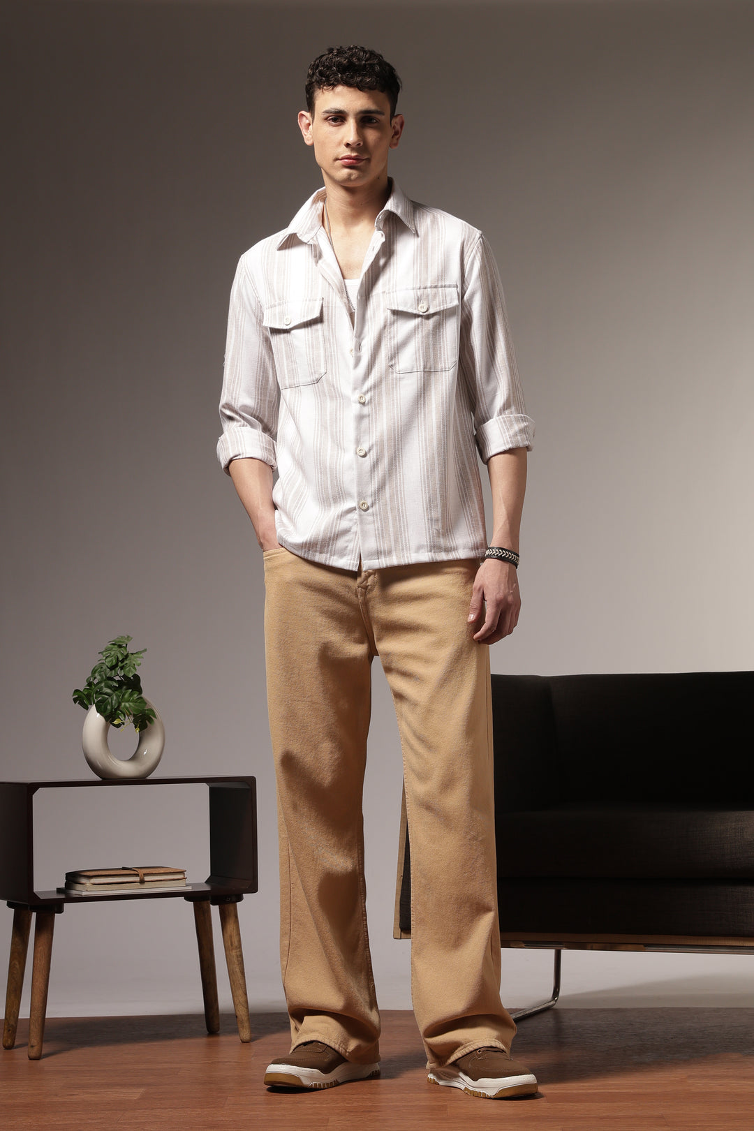 Pockets: Cream Green Streaks Shirt