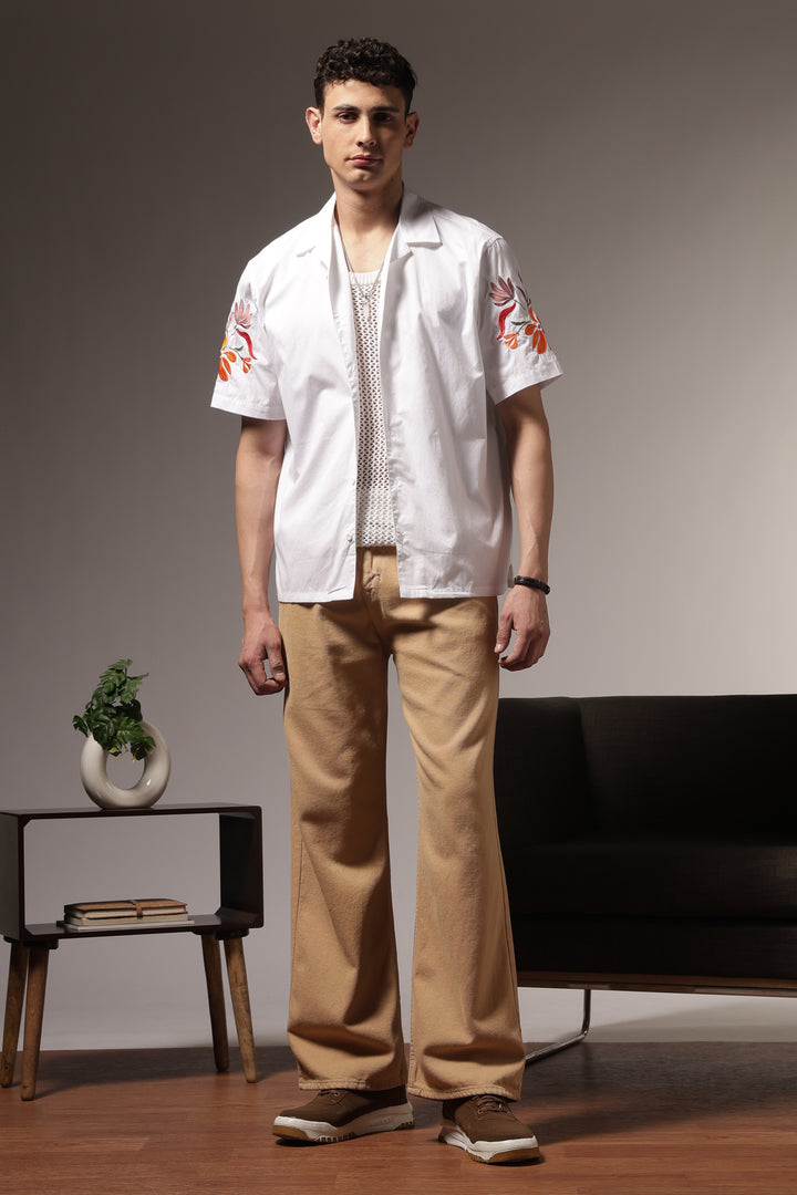 Sakura: Embroidery White Cotton Oversized Shirt