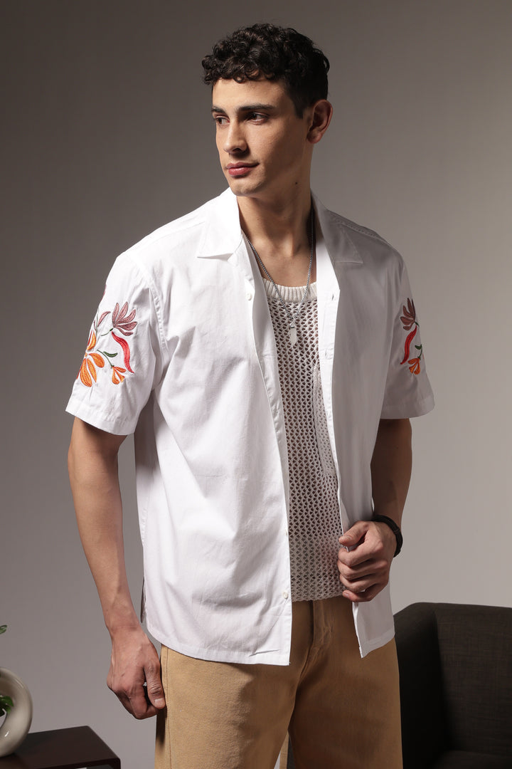 Sakura: Embroidery White Cotton Oversized Shirt
