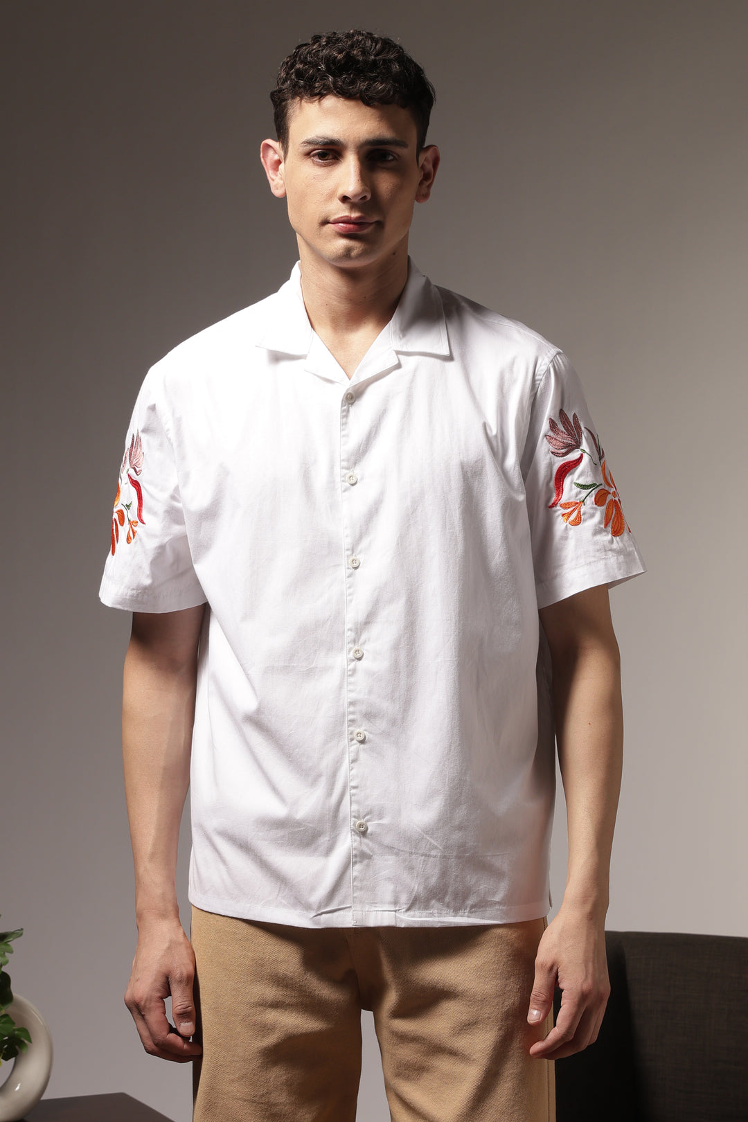 Sakura: Embroidery White Cotton Oversized Shirt