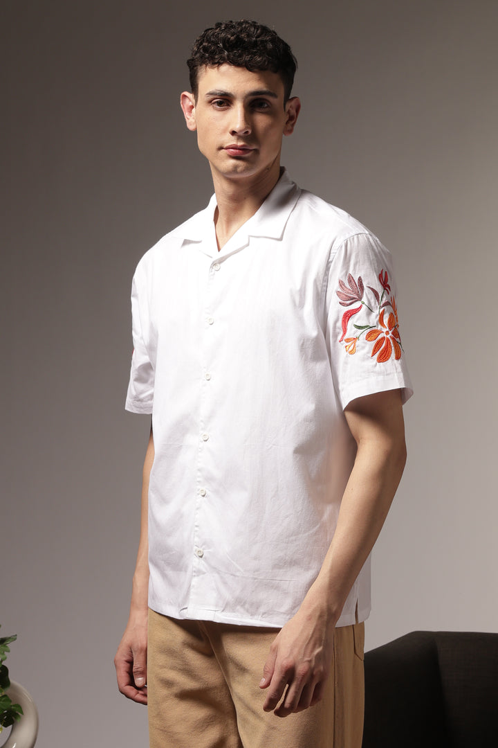 Sakura: Embroidery White Cotton Oversized Shirt
