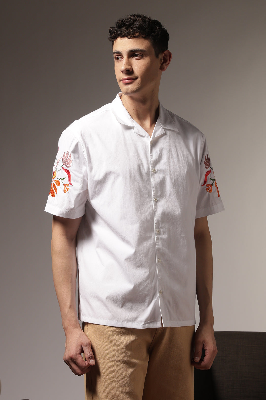 Sakura: Embroidery White Cotton Oversized Shirt