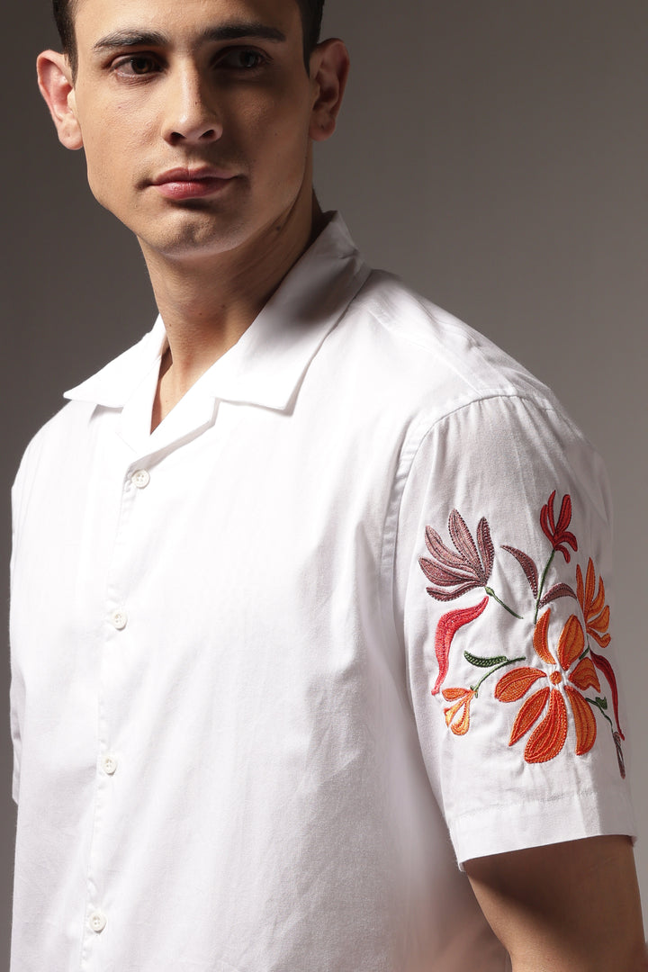 Sakura: Embroidery White Cotton Oversized Shirt