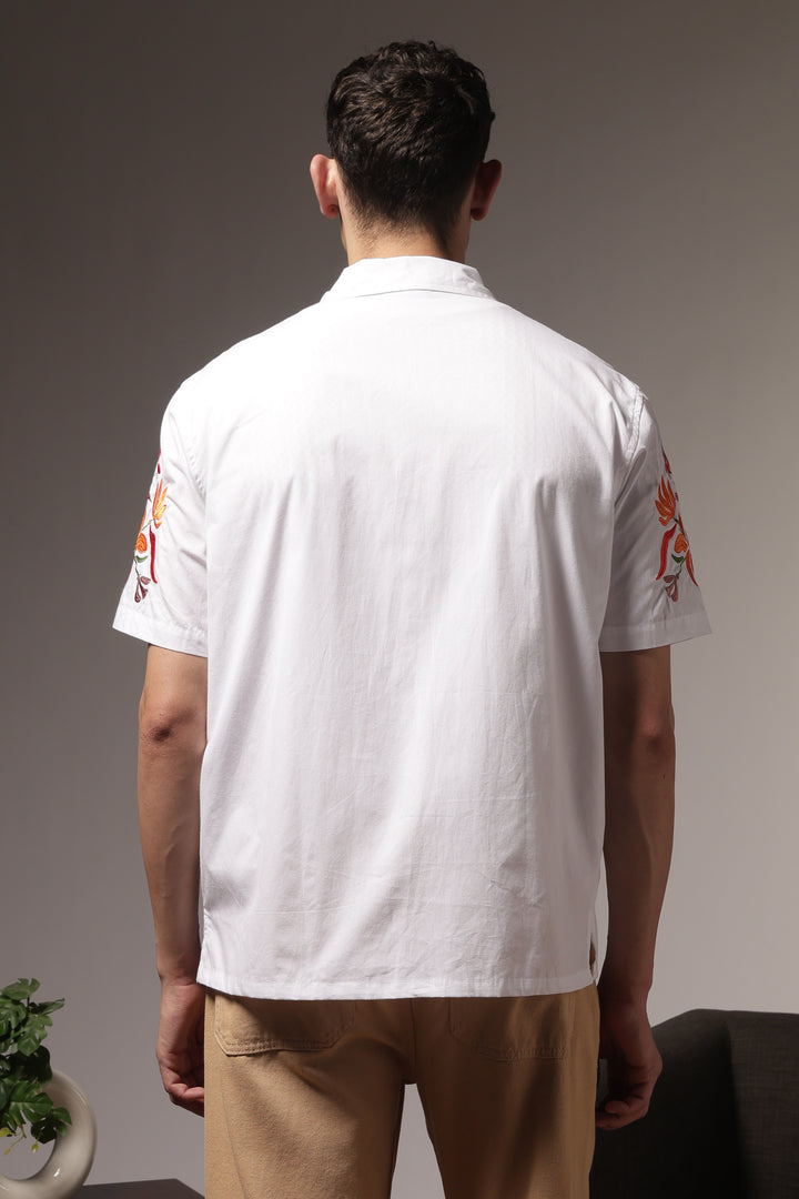 Sakura: Embroidery White Cotton Oversized Shirt