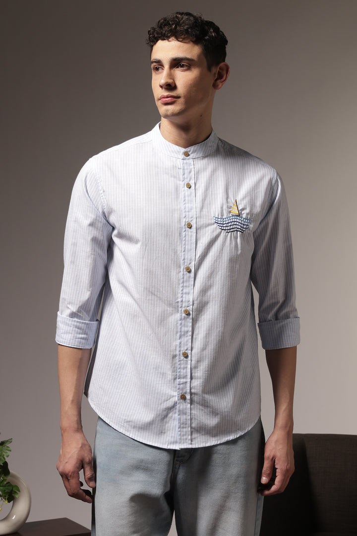 Nautical: Light bLue Stripes Embroidery Shirt