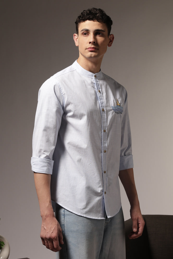Nautical: Light bLue Stripes Embroidery Shirt