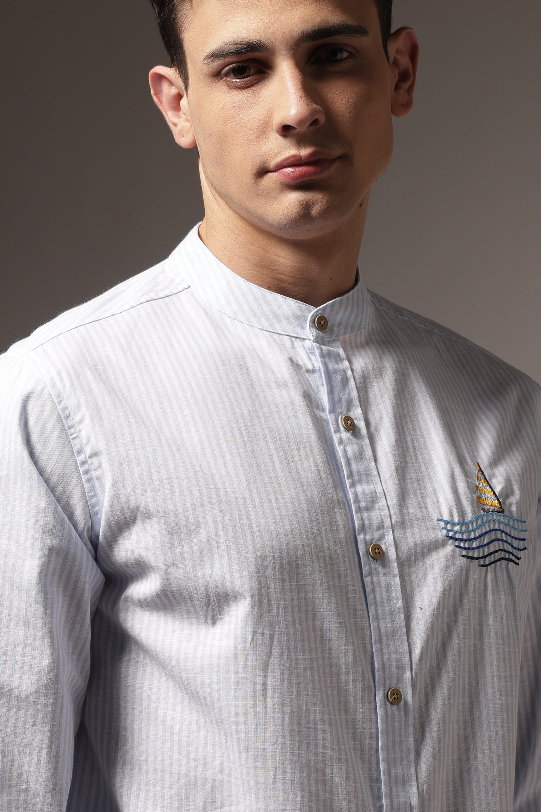 Nautical: Light bLue Stripes Embroidery Shirt