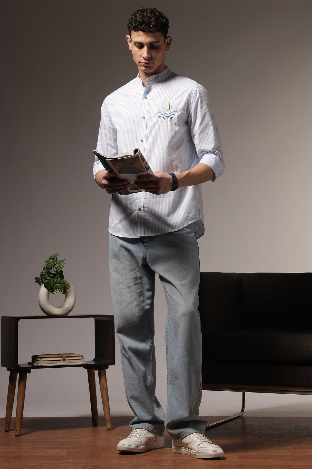 Nautical: Light bLue Stripes Embroidery Shirt