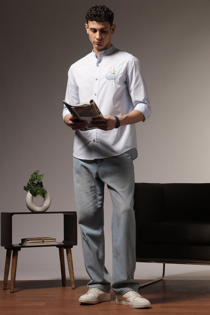 Nautical: Light bLue Stripes Embroidery Shirt