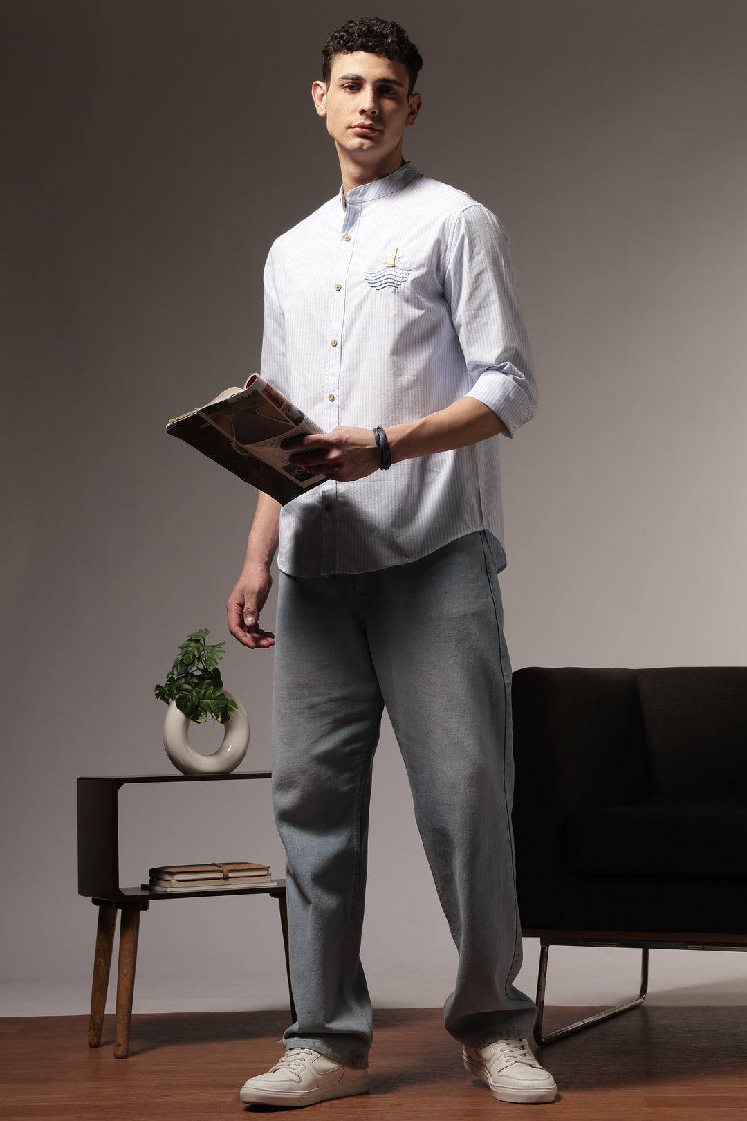 Nautical: Light bLue Stripes Embroidery Shirt