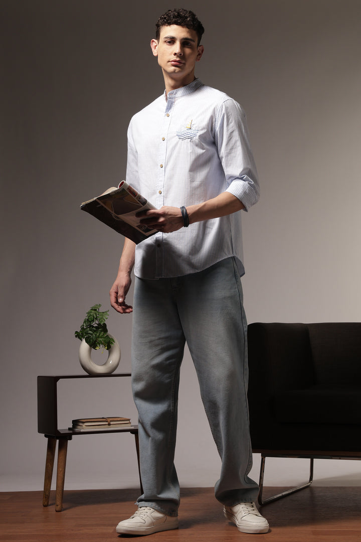 Nautical: Light bLue Stripes Embroidery Shirt