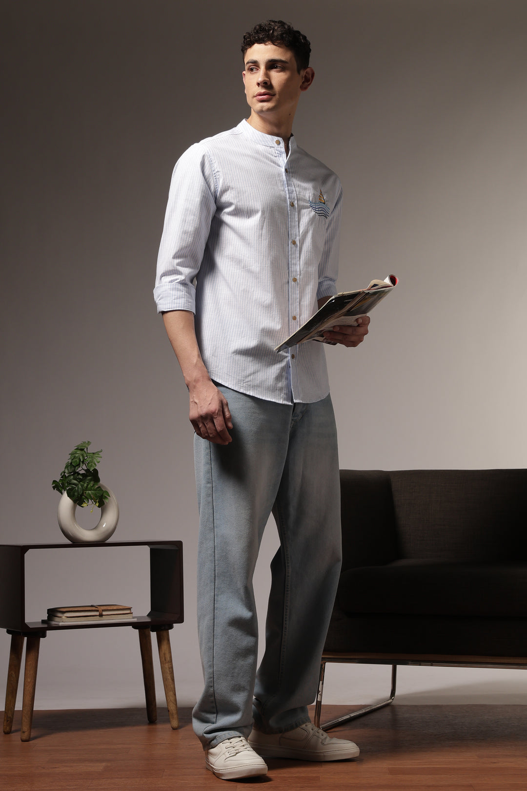 Nautical: Light bLue Stripes Embroidery Shirt