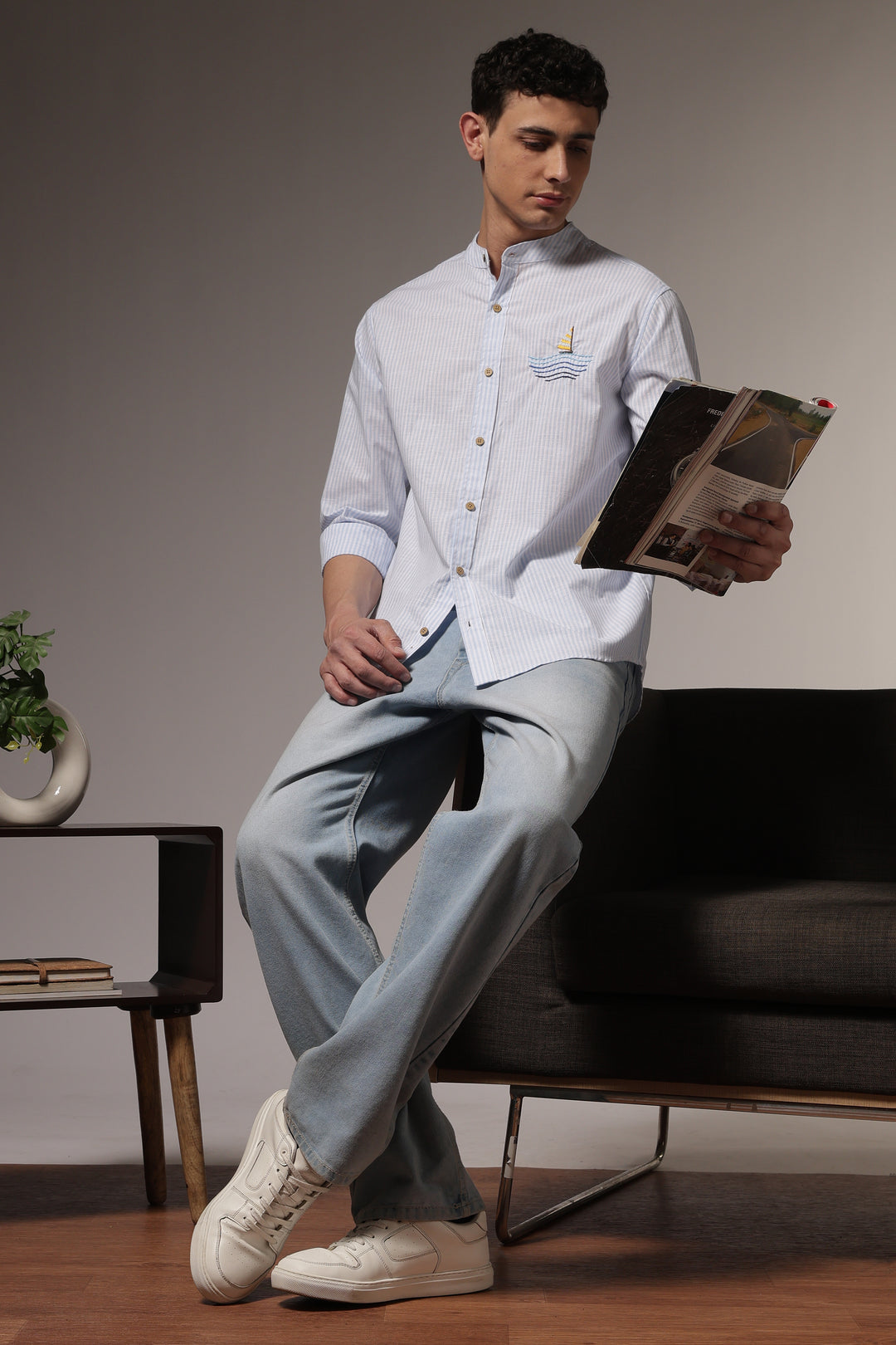 Nautical: Light bLue Stripes Embroidery Shirt