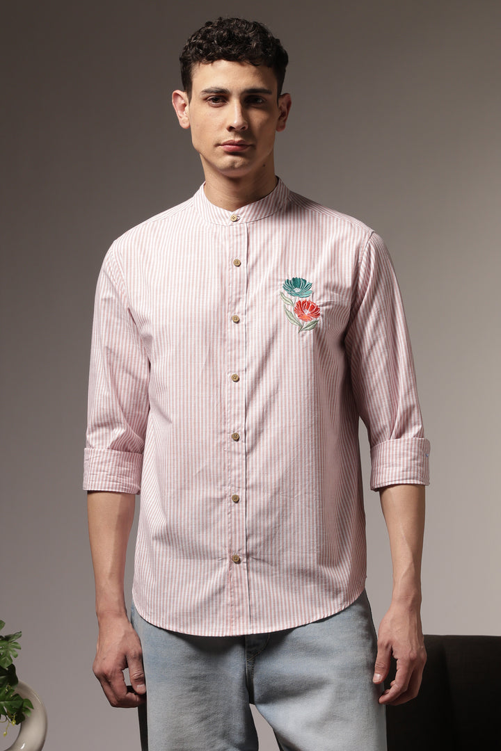 Twin-Flower: Stripes Pink Stripes Embroidery Shirt
