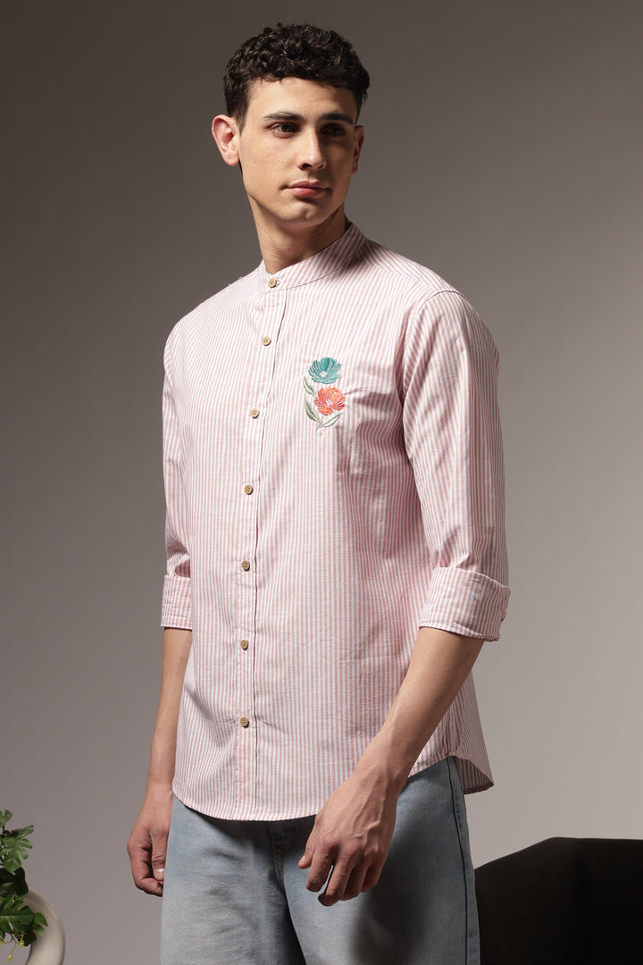 Twin-Flower: Stripes Pink Stripes Embroidery Shirt