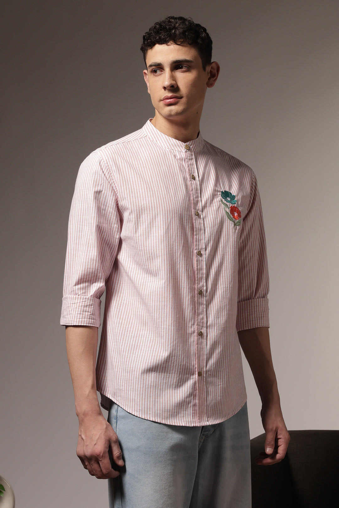 Twin-Flower: Stripes Pink Stripes Embroidery Shirt