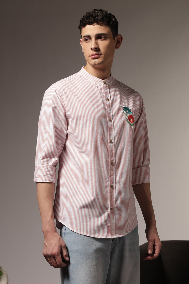 Twin-Flower: Stripes Pink Stripes Embroidery Shirt