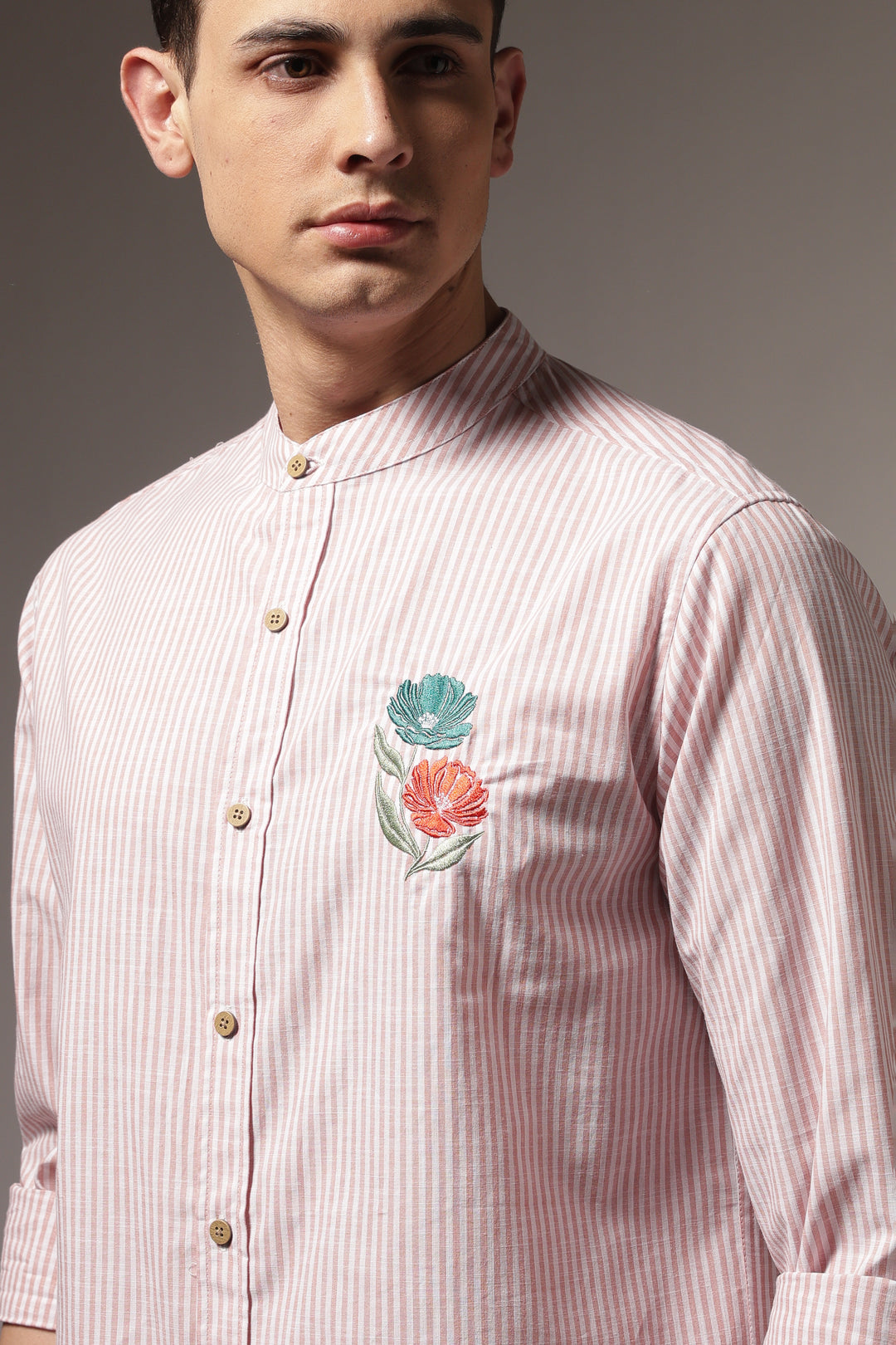 Twin-Flower: Stripes Pink Stripes Embroidery Shirt