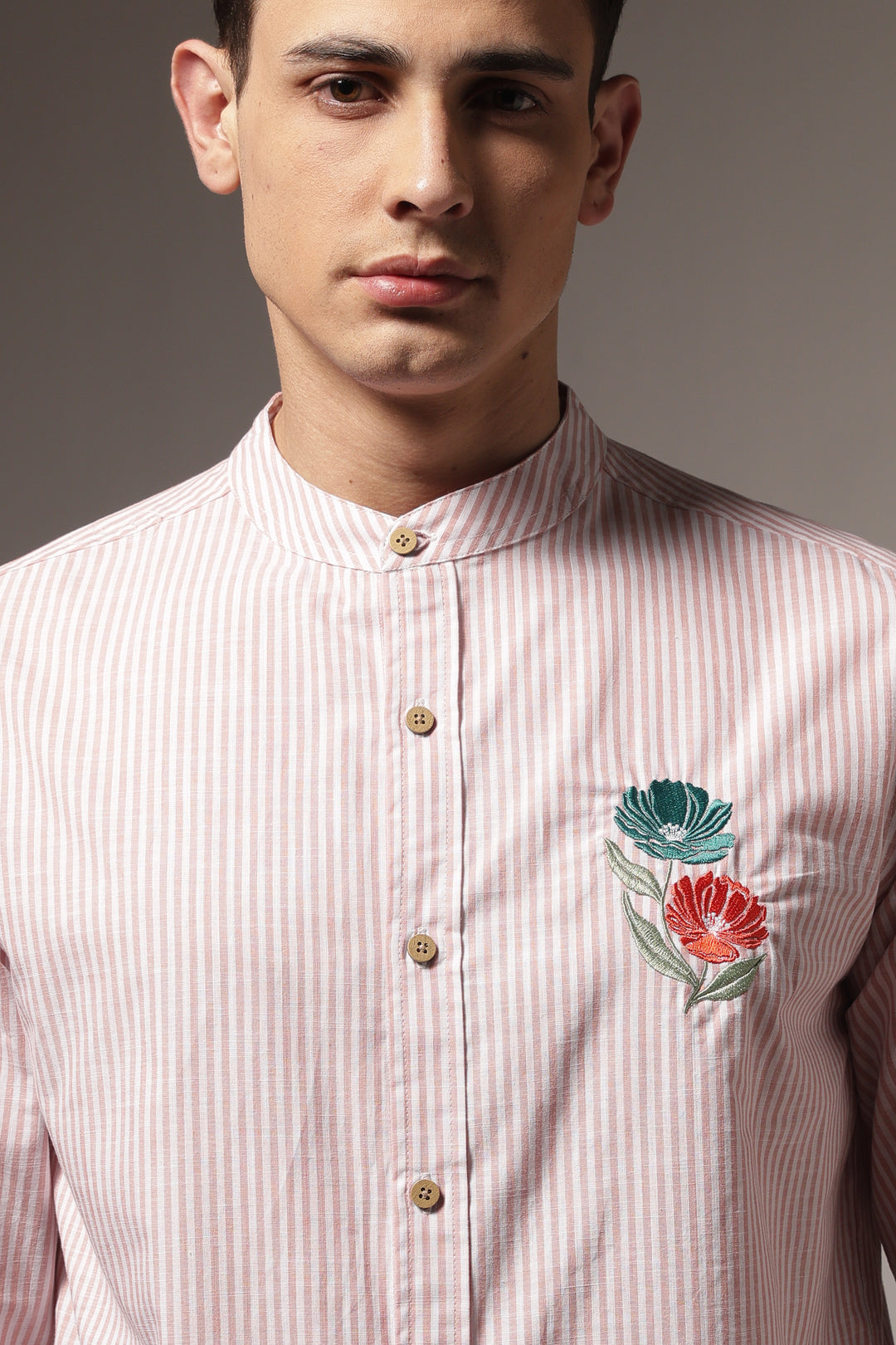 Twin-Flower: Stripes Pink Stripes Embroidery Shirt