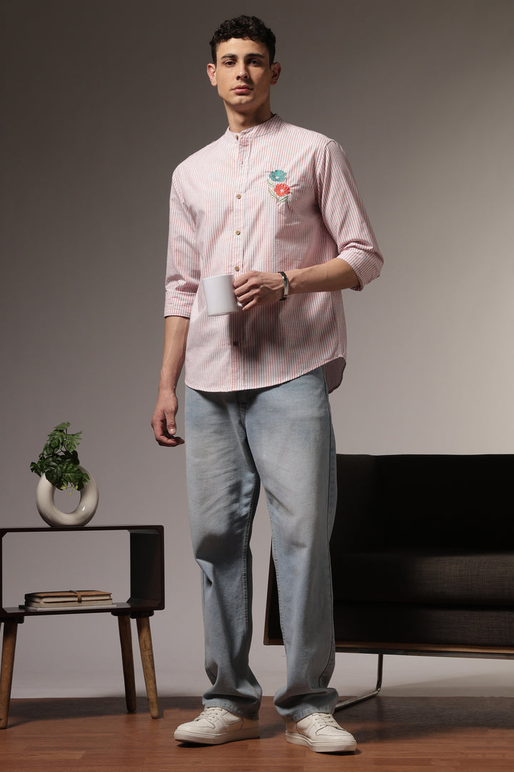 Twin-Flower: Stripes Pink Stripes Embroidery Shirt