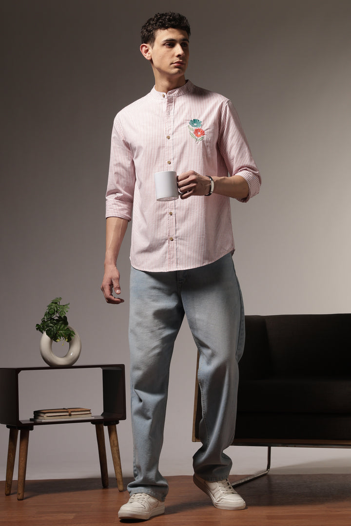 Twin-Flower: Stripes Pink Stripes Embroidery Shirt