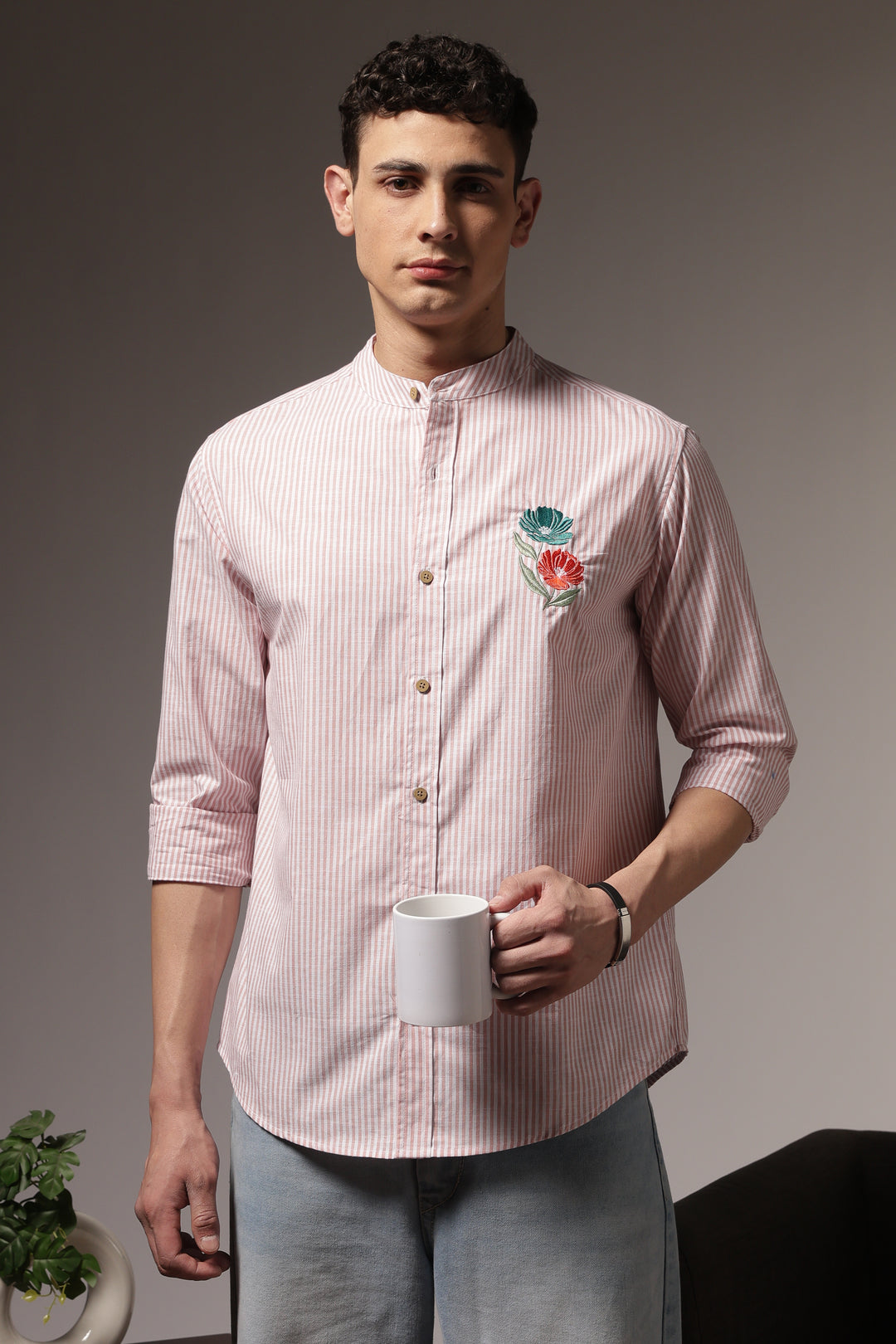 Twin-Flower: Stripes Pink Stripes Embroidery Shirt