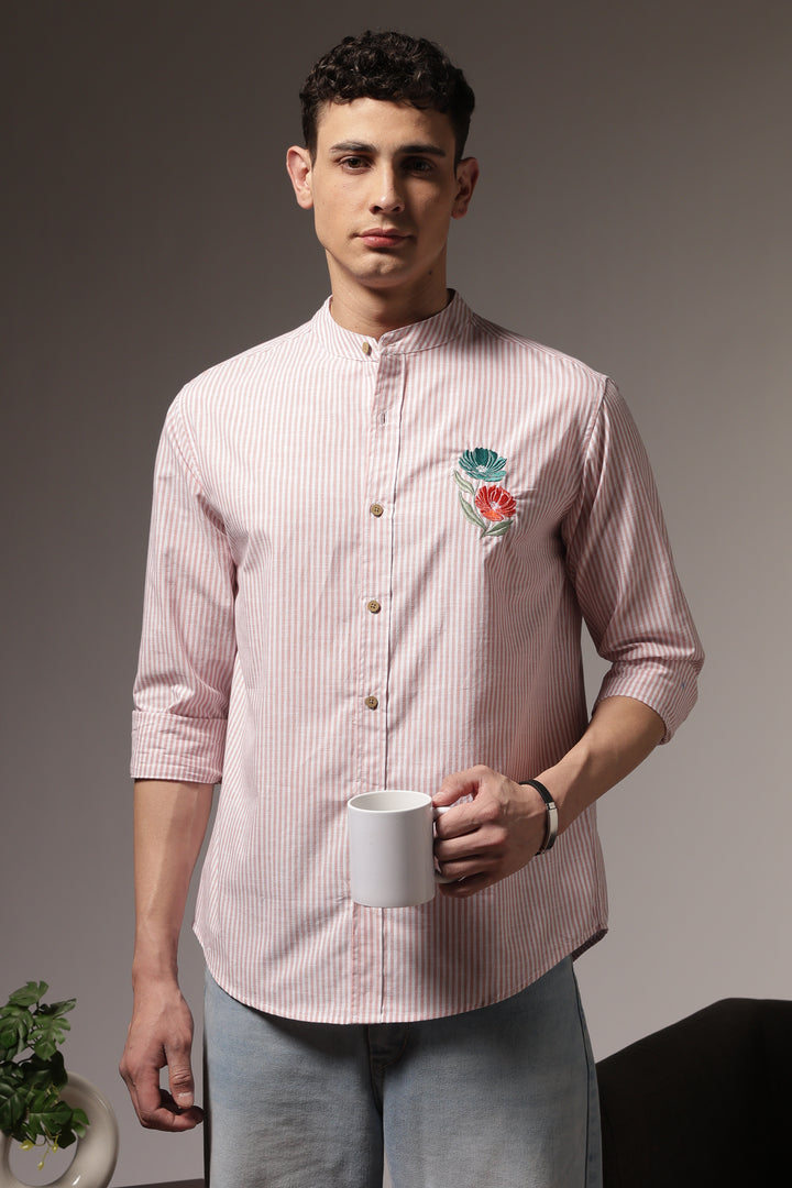 Twin-Flower: Stripes Pink Stripes Embroidery Shirt