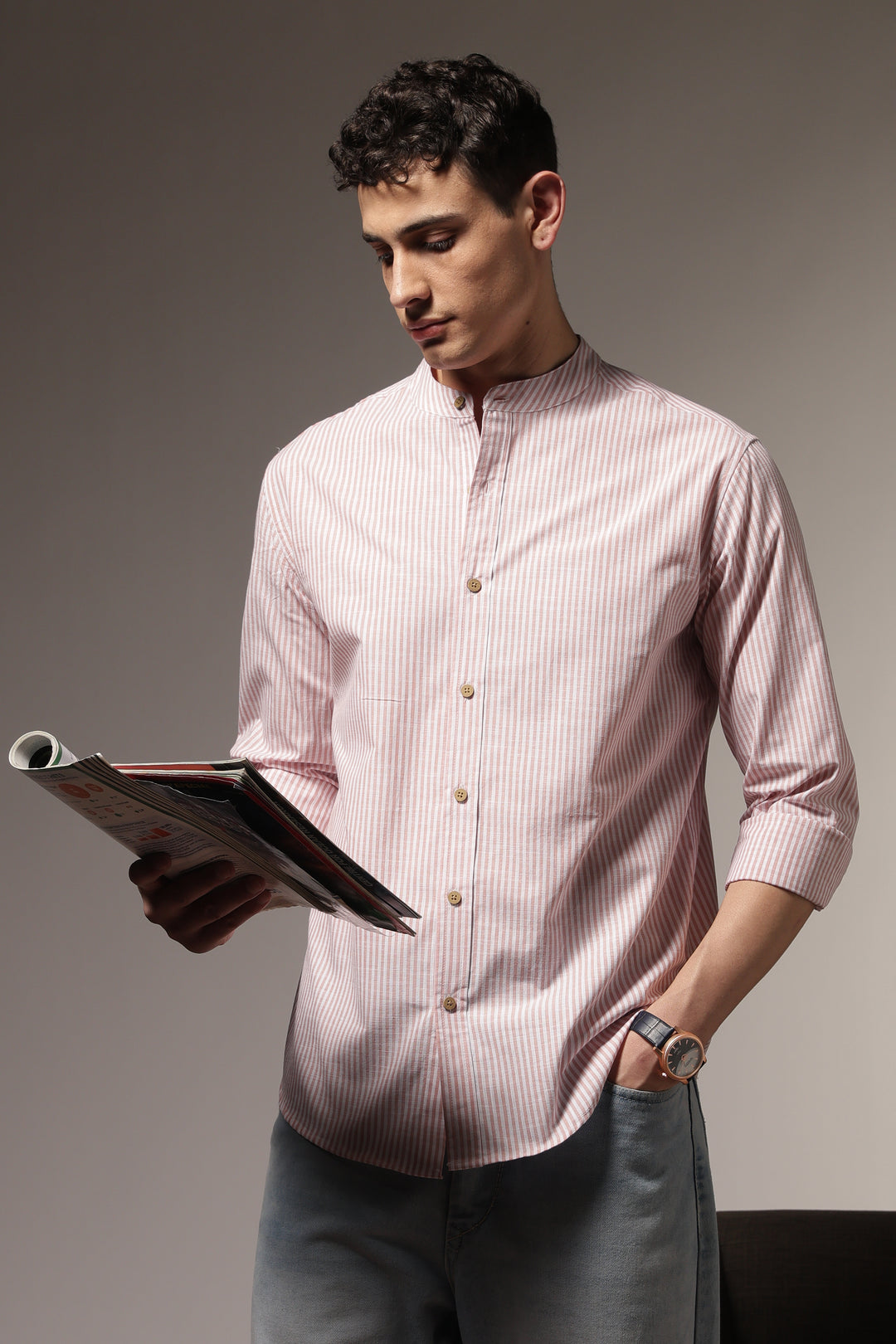 Streaks: Mandarin Collar Pink Shirt