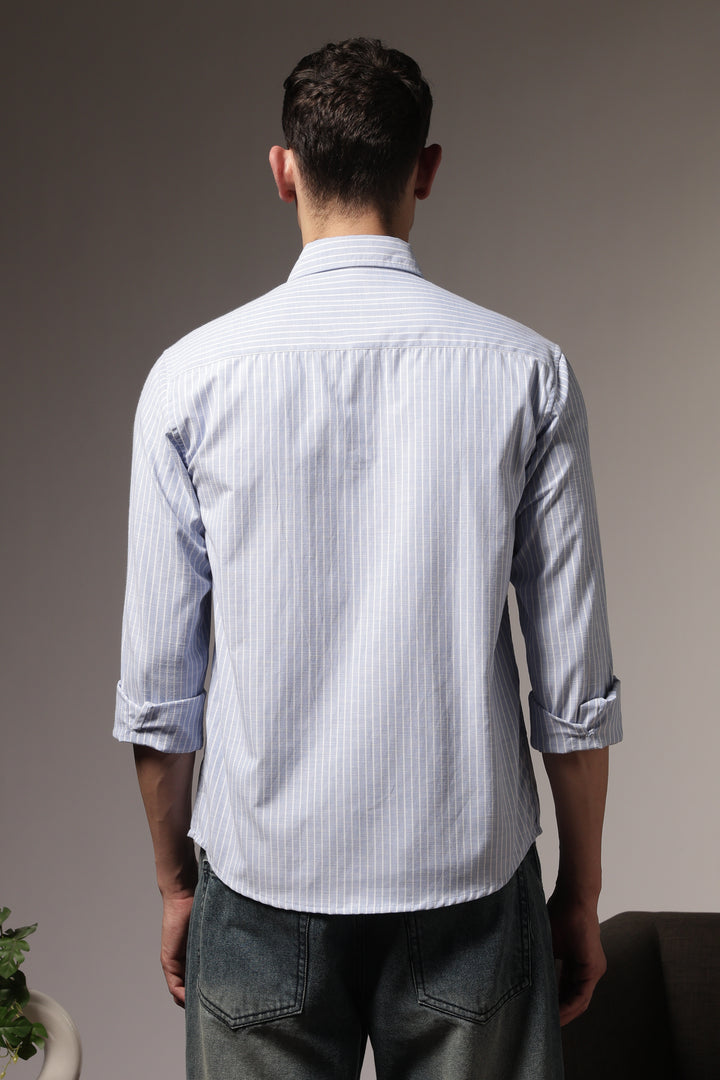 Stripes: Bird Pocket Embroidery Blue Shirt