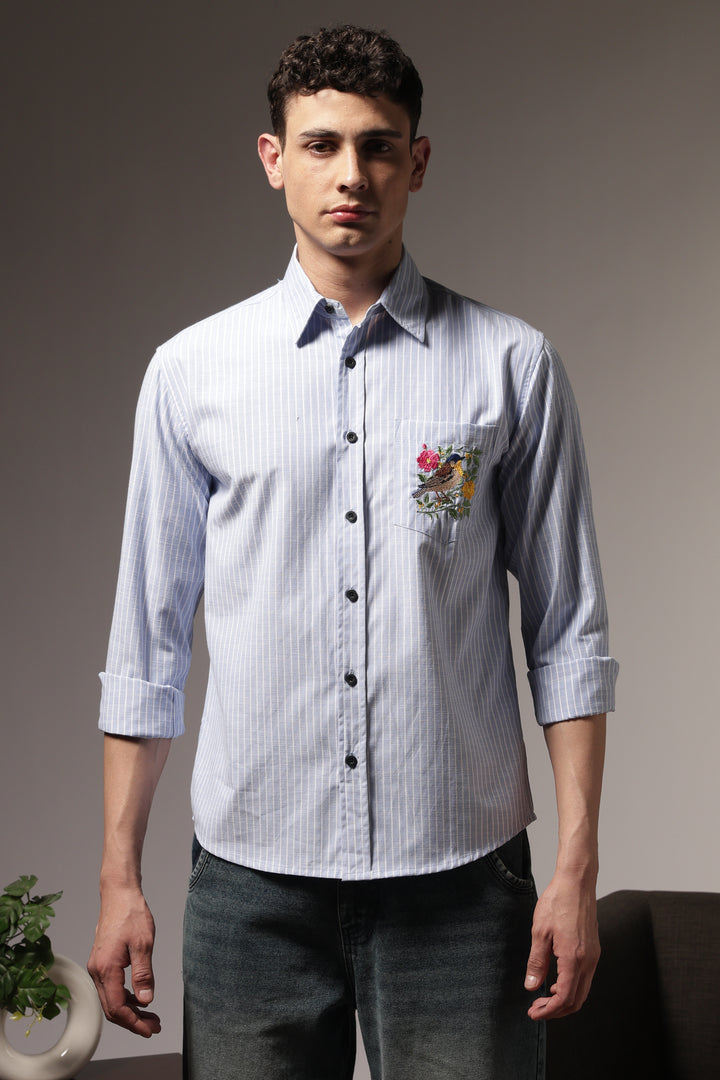 Stripes: Bird Pocket Embroidery Blue Shirt