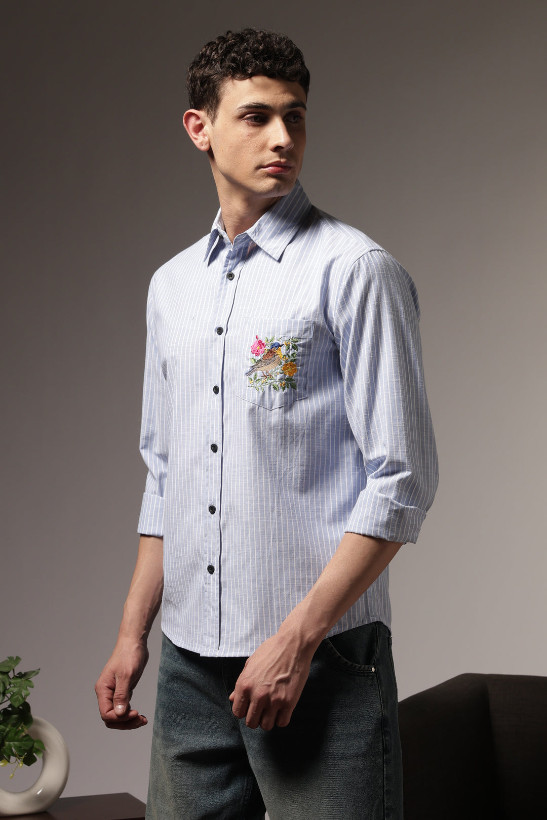Stripes: Bird Pocket Embroidery Blue Shirt
