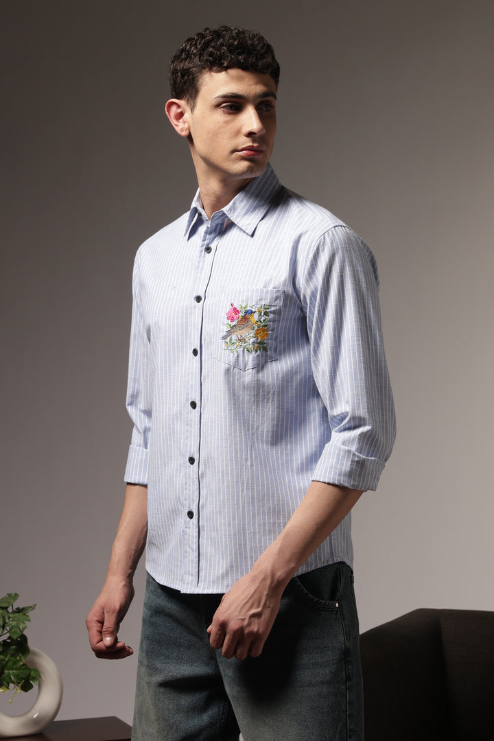 Stripes: Bird Pocket Embroidery Blue Shirt