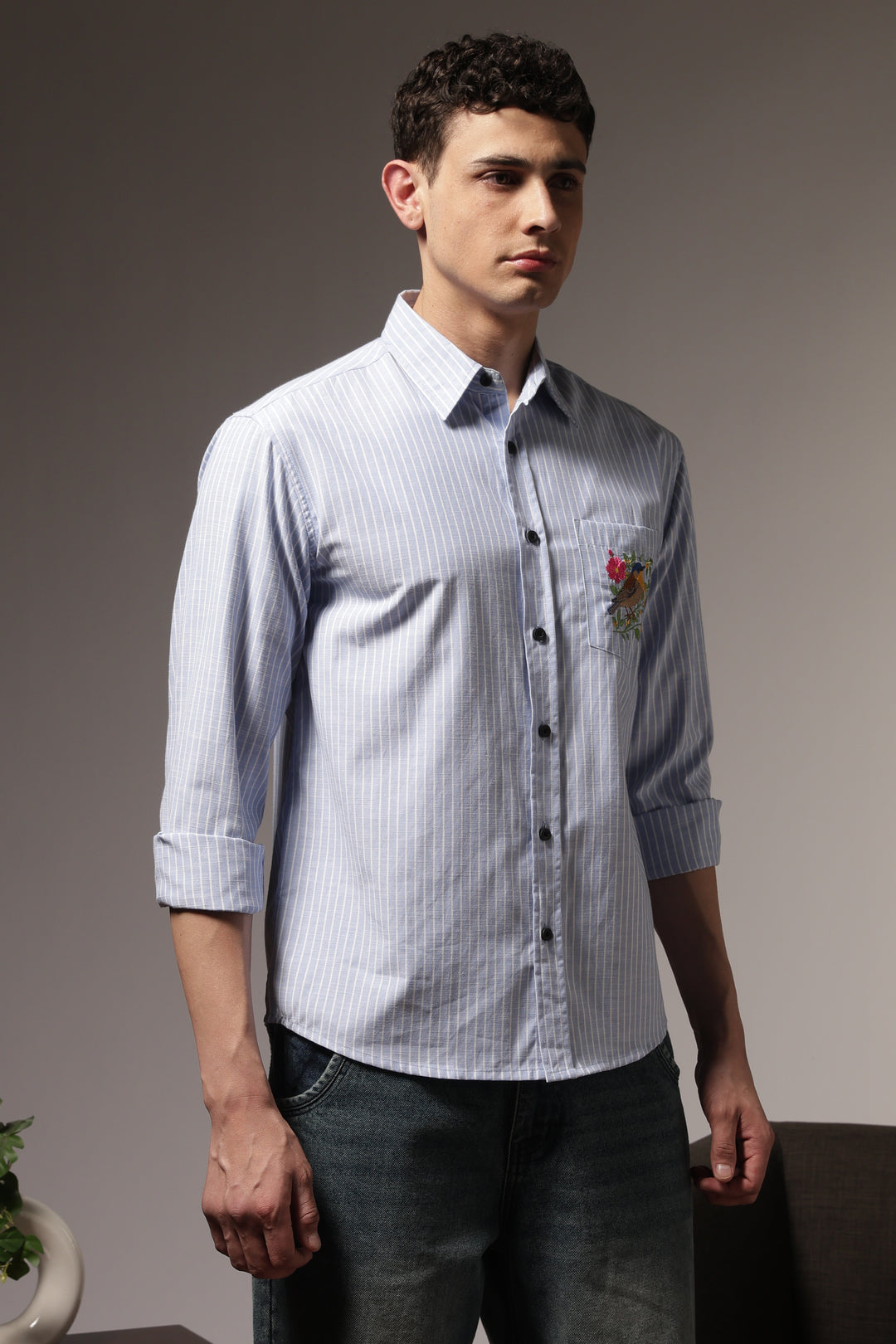 Stripes: Bird Pocket Embroidery Blue Shirt