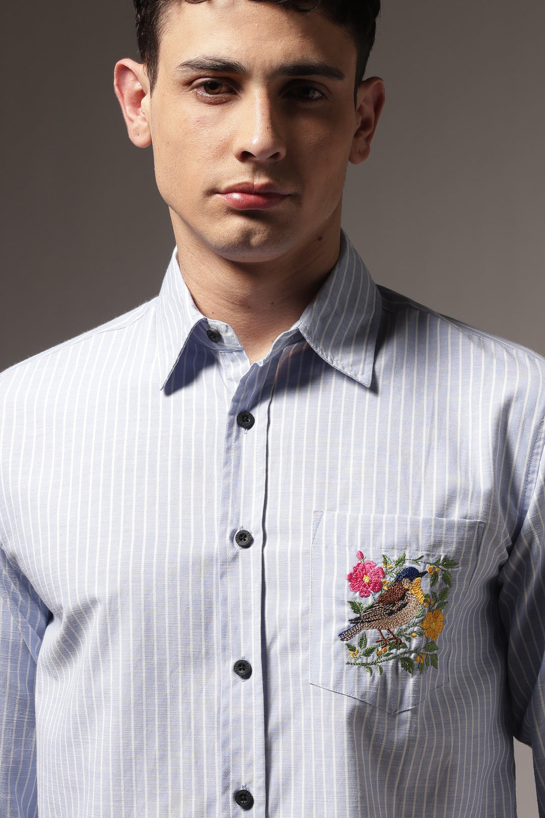 Stripes: Bird Pocket Embroidery Blue Shirt