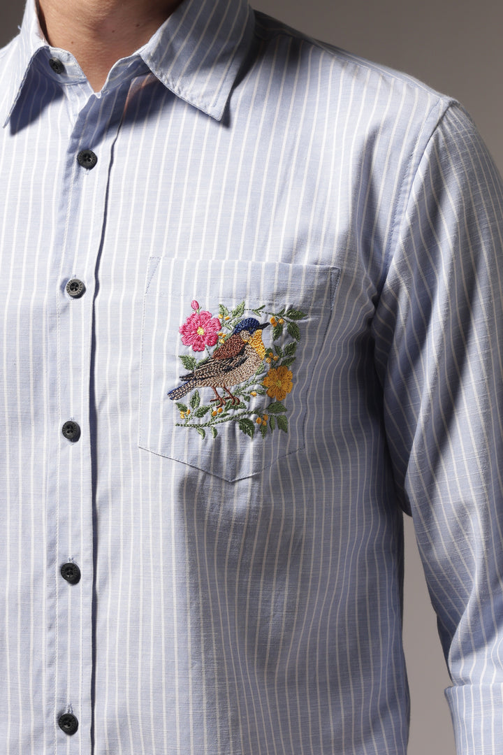 Stripes: Bird Pocket Embroidery Blue Shirt