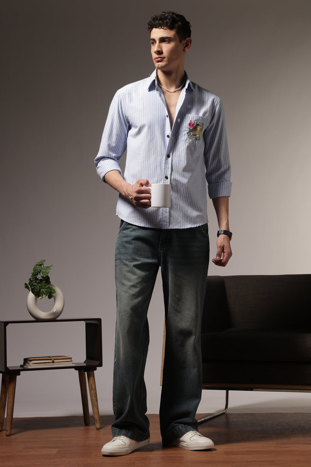 Stripes: Bird Pocket Embroidery Blue Shirt