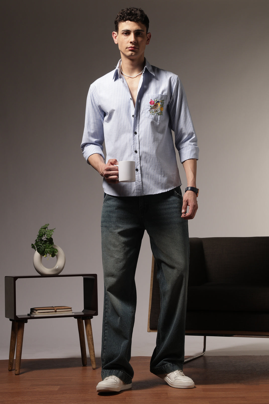 Stripes: Bird Pocket Embroidery Blue Shirt