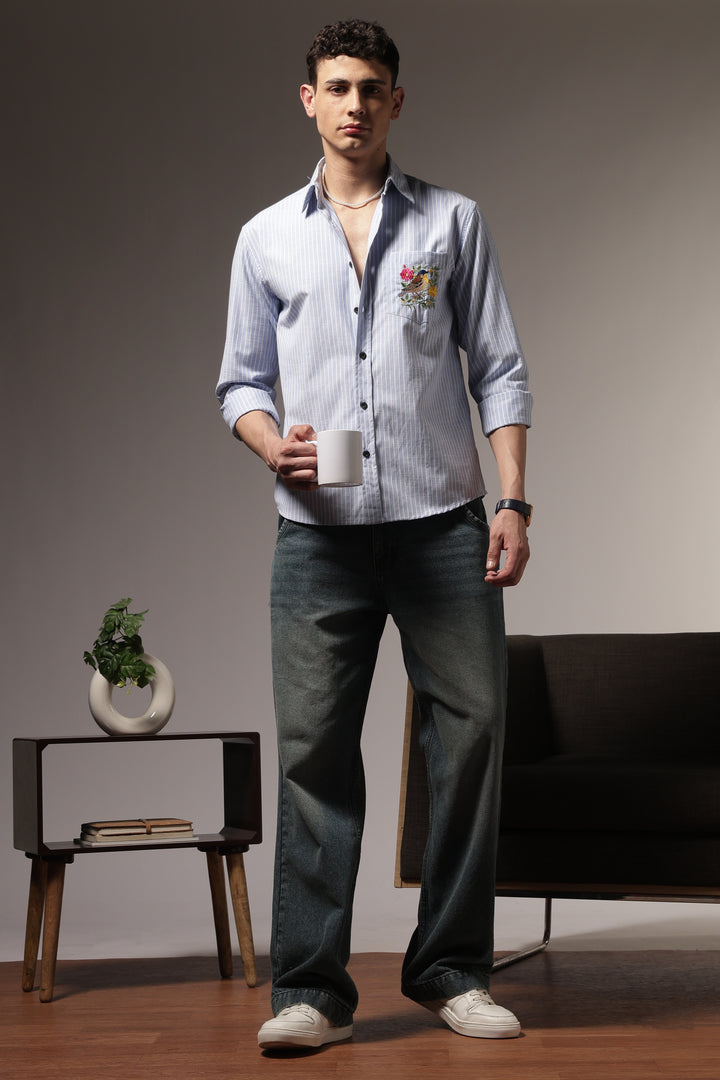 Stripes: Bird Pocket Embroidery Blue Shirt