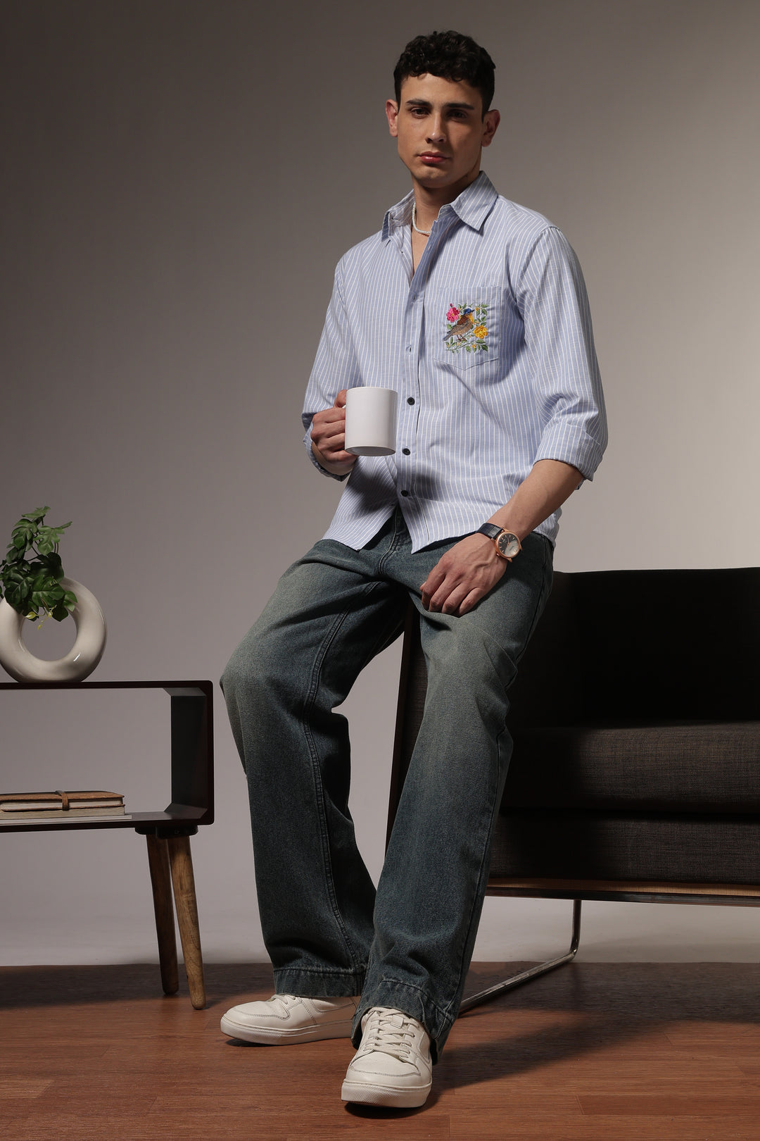 Stripes: Bird Pocket Embroidery Blue Shirt