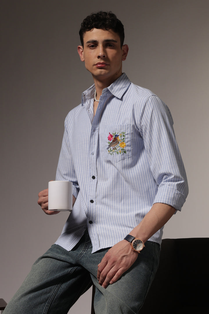 Stripes: Bird Pocket Embroidery Blue Shirt