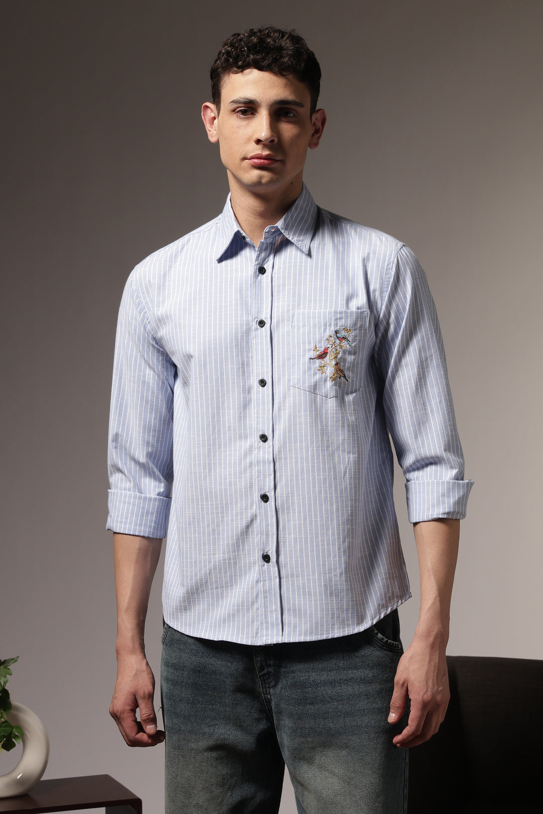 Stripes: Grace Pocket Embroidery Blue Shirt