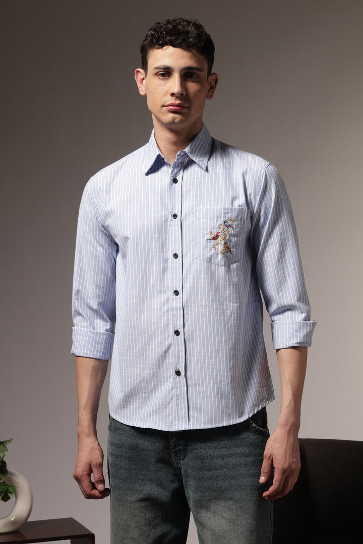 Stripes: Grace Pocket Embroidery Blue Shirt