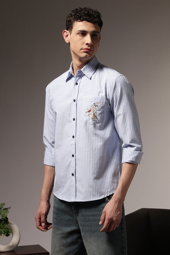 Stripes: Grace Pocket Embroidery Blue Shirt
