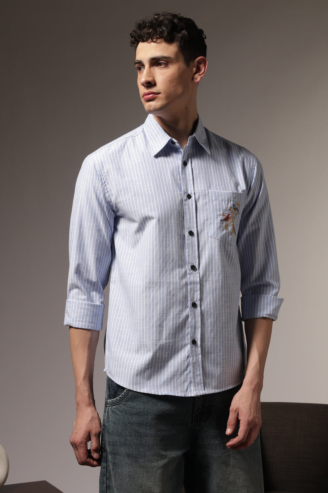 Stripes: Grace Pocket Embroidery Blue Shirt