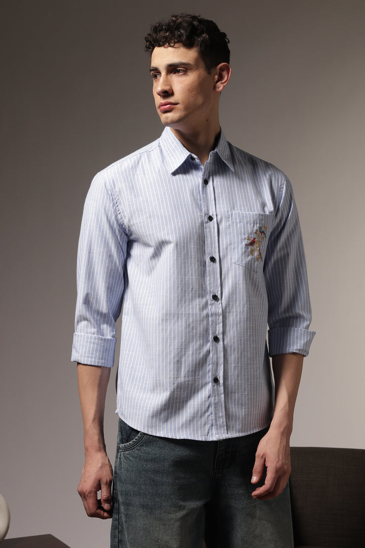 Stripes: Grace Pocket Embroidery Blue Shirt